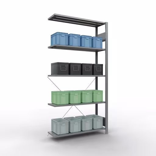 Produktbild Nr 13 des Artikels Anbauregal, Fachbodenregal Stecksystem MULTIplus85, 2000 x 1000 x 300 mm (HxBxT), 5 Fachböden, Kreuzstrebe, verzinkt Abbildung Nr 13 des Artikels Anbauregal, Fachbodenregal Stecksystem MULTIplus85, 2000 x 1000 x 300 mm (HxBxT), 5 Fachböden, Kreuzstrebe, verzinkt aus der Produktgruppe Stecksystem von der Marke Schulte Lagertechnik