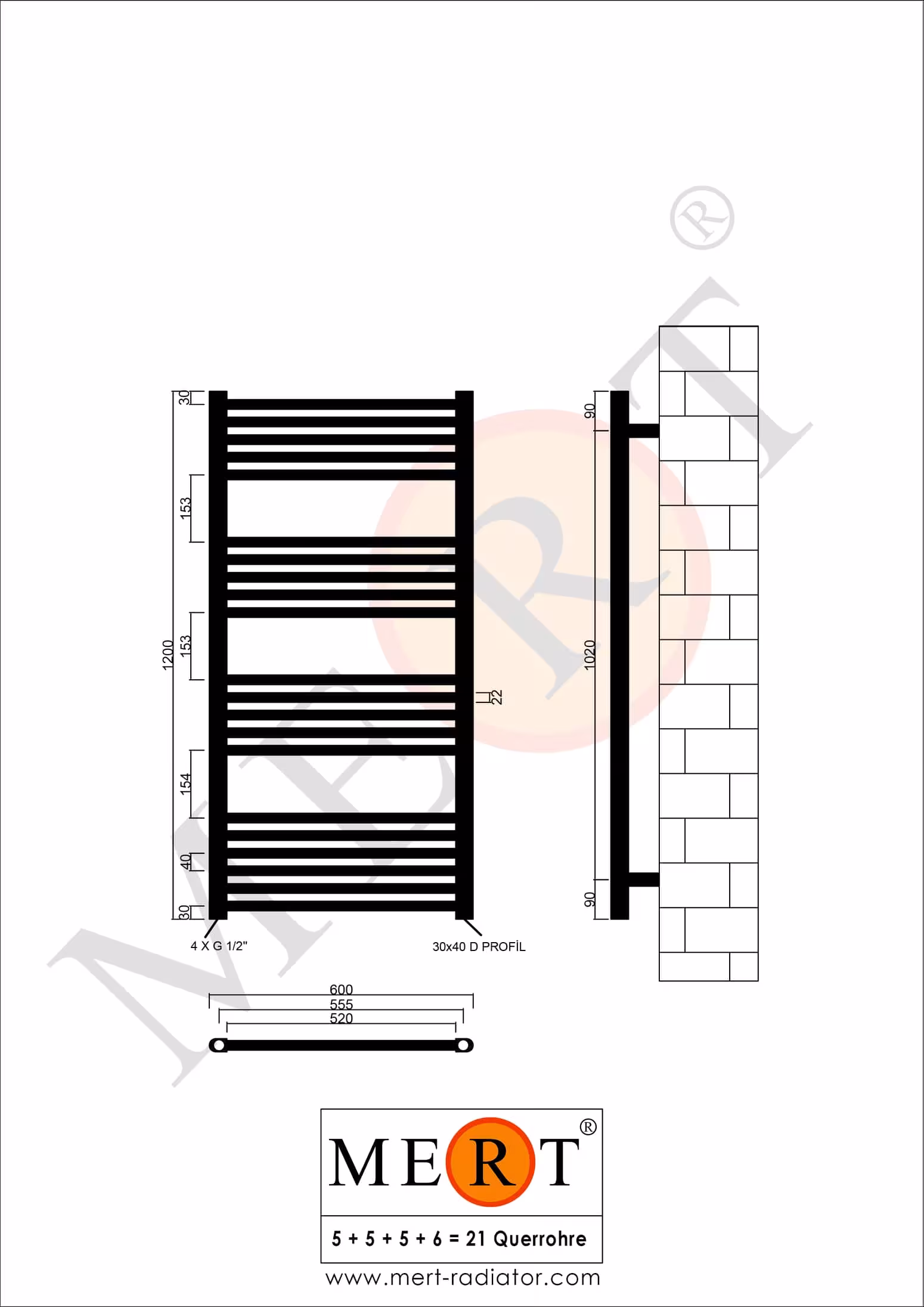 MERT Austausch Badheizkörper weiß gerade, 600*1200 mm, Standard re/li Anschluss (KEIN Mittelanschluss) von MERT mit der Artikelnr. 1-60x120-S