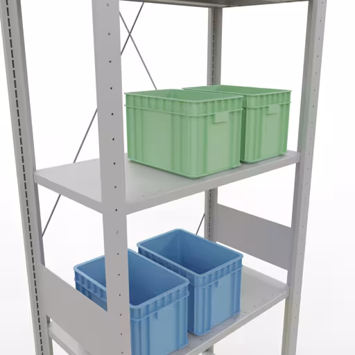 Andere Ansicht des Artikels Grundregal, Fachbodenregal Stecksystem MULTIplus150, 3000 x 750 x 400 mm (HxBxT), 7 Fachböden, Kreuzstrebe, RAL 7035 lichtgrau aus der Kategorie Stecksystem