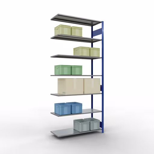Anbauregal, Fachbodenregal Stecksystem MULTIplus150, 3000 x 1300 x 500 mm (HxBxT), 7 Fachböden, Längenriegel, RAL 5010 enzianblau/verzinkt von Schulte Lagertechnik mit der Artikelnr. 12757-130-LR-B