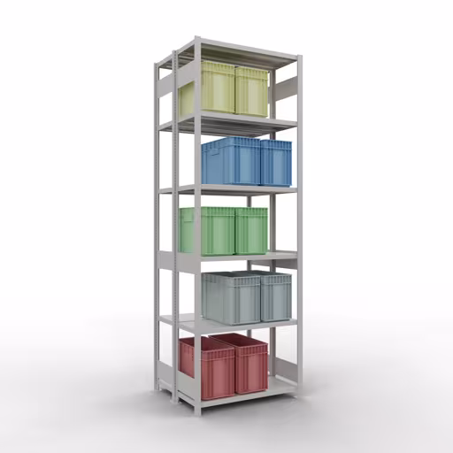 Zusatzbild des Artikels Grundregal, Doppelregal, Fachbodenregal Stecksystem MULTIplus250, 3000 x 1000 x (2x400) mm (HxBxT), 2x7 Fachböden, Längenriegel, RAL 7035 lichtgrau aus Doppelregale