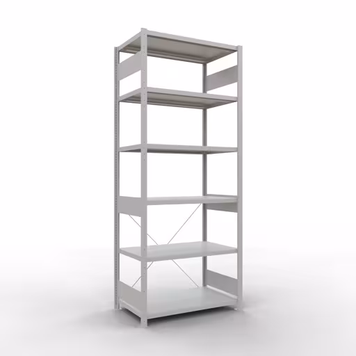 Grundregal, Fachbodenregal Stecksystem MULTIplus330, 2500 x 1000 x 600 mm (HxBxT), 6 Fachböden, Kreuzstrebe, RAL 7035 lichtgrau aus der Kategorie Grundregal mit der Artikelnummer 33861