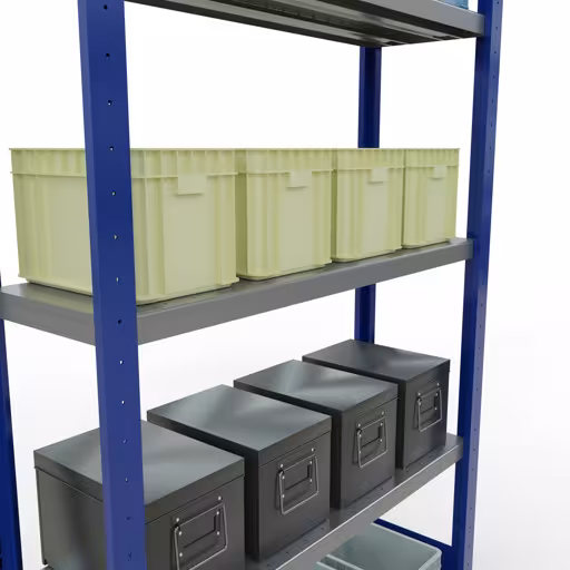 Abbildung Nr 10 des Artikels Grundregal, Fachbodenregal Stecksystem MULTIplus330, 2000 x 1000 x 300 mm (HxBxT), 5 Fachböden, Längenriegel, RAL 5010 enzianblau/verzinkt aus der Produktgruppe Stecksystem von der Marke Schulte Lagertechnik