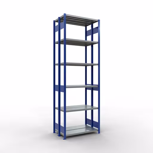 Grundregal, Doppelregal, Fachbodenregal Stecksystem MULTIplus250, 3000 x 1000 x (2x300) mm (HxBxT), 2x7 Fachböden, Längenriegel, RAL 5010 enzianblau aus der Kategorie Doppelregale mit der Artikelnummer 33232-B