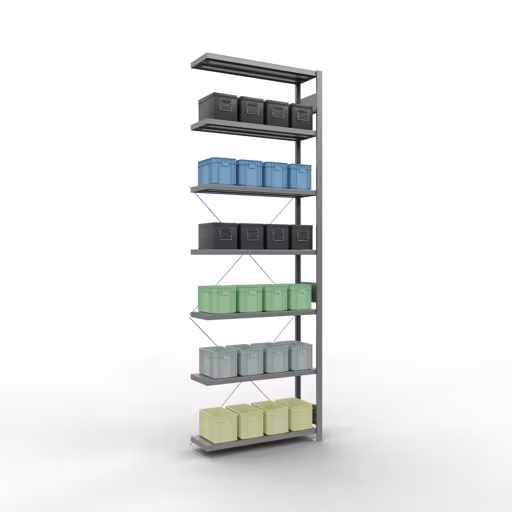 Zusatzbild des Artikels Anbauregal, Fachbodenregal Stecksystem MULTIplus250, 3000 x 1000 x 300 mm (HxBxT), 7 Fachböden, Kreuzstrebe, verzinkt aus Anbauregal
