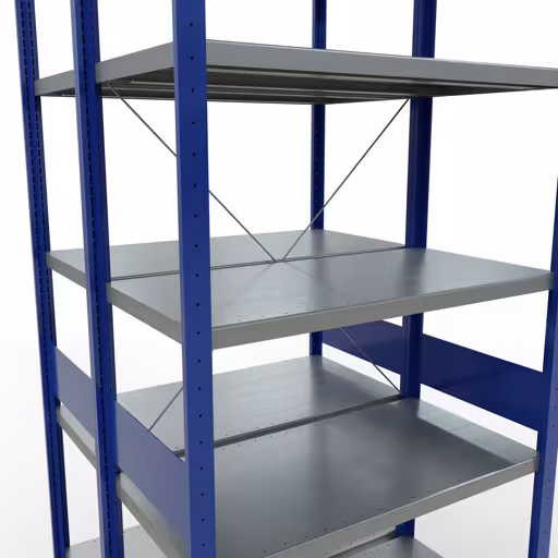 Abbildung Nr 12 des Artikels Grundregal, Doppelregal, Fachbodenregal Stecksystem MULTIplus250, 3000 x 1000 x (2x500) mm (HxBxT), 2x7 Fachböden, Kreuzstrebe, enzianblau aus der Produktgruppe Fachbodenregale von der Marke Schulte Lagertechnik