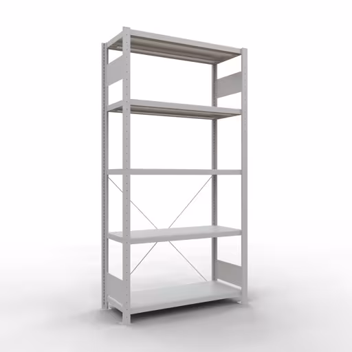 Grundregal, Fachbodenregal Stecksystem MULTIplus330, 2000 x 1000 x 400 mm (HxBxT), 5 Fachböden, Kreuzstrebe, RAL 7035 lichtgrau aus der Kategorie Grundregal mit der Artikelnummer 33840