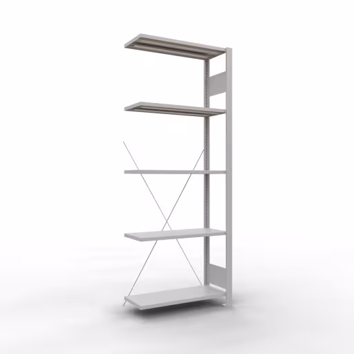 Anbauregal, Fachbodenregal Stecksystem MULTIplus150, 2000 x 750 x 300 mm (HxBxT), 5 Fachböden, Kreuzstrebe, RAL 7035 lichtgrau aus der Kategorie Anbauregal mit der Artikelnummer 32635-75