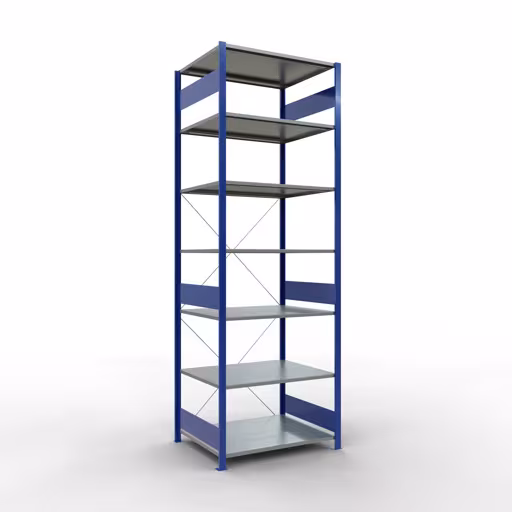 Grundregal, Fachbodenregal Stecksystem MULTIplus150, 3000 x 1000 x 800 mm (HxBxT), 7 Fachböden, Kreuzstrebe, RAL 5010/verzinkt aus der Kategorie Grundregal mit der Artikelnummer 12582-B