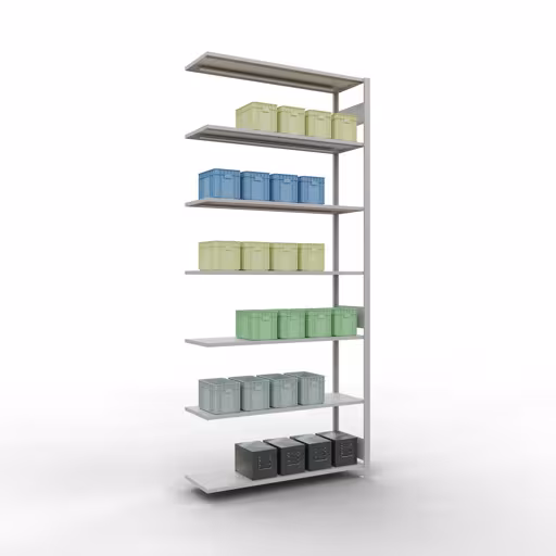 Anbauregal, Fachbodenregal Stecksystem MULTIplus150, 3000 x 1300 x 400 mm (HxBxT), 7 Fachböden, Längenriegel, RAL 7035 lichtgrau von der Marke Schulte Lagertechnik aus der Produktreihe Stecksystem