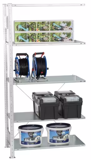Zusatzbild des Artikels Anbauregal, Fachbodenregal Stecksystem MULTIplus150, 2000 x 1000 x 300 mm (HxBxT), 5 Fachböden, Kreuzstrebe, verzinkt - Expressline aus Anbauregal