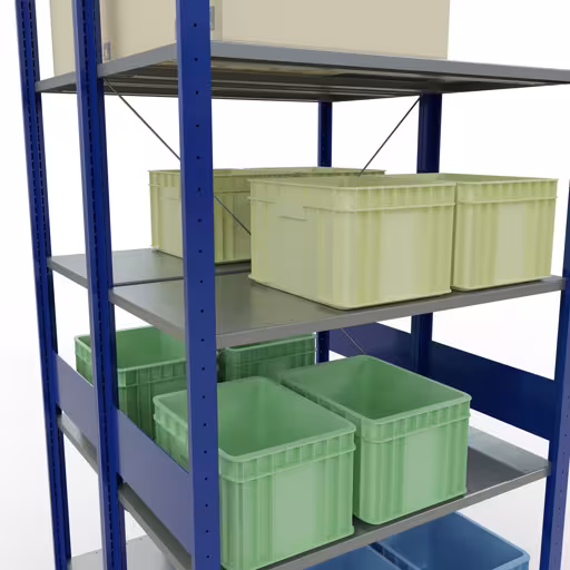 Grundregal, Doppelregal, Fachbodenregal Stecksystem MULTIplus150, 3000 x 1000 x (2x1000) mm (HxBxT), 2x7 Fachböden, Kreuzstrebe, RAL 5010 enzianblau von der Marke Schulte Lagertechnik aus der Produktreihe Fachbodenregale