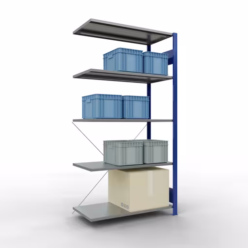 Abbildung Nr 9 des Artikels Anbauregal, Fachbodenregal Stecksystem MULTIplus85, 2000 x 1000 x 500 mm (HxBxT), 5 Fachböden, Kreuzstrebe, RAL 5010 enzianblau aus der Produktgruppe Stecksystem von der Marke Schulte Lagertechnik