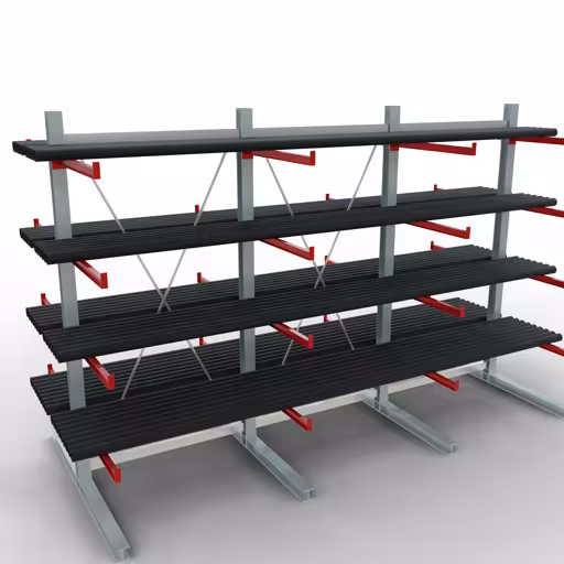 Abbildung Nr 8 des Artikels K 6000 Komplettregal, doppelseitig, 3000 x 4500 x 2x 1000 mm, RAL 7001 / RAL 3000, 5 Lagerebenen aus der Produktgruppe Kragarmregale von der Marke Schulte Lagertechnik