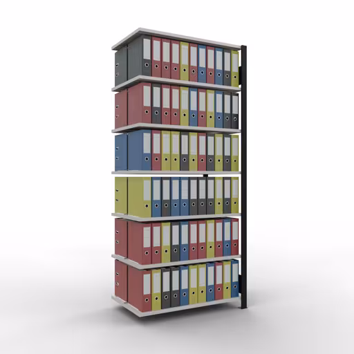 Produktbild Nr 13 des Artikels Anbauregal, Büro-Fachbodenregal Stecksystem MULTIplus150, 2300 x 1000 x 600 mm (HxBxT), 7 Fachböden, Längenriegel, mit Mittelanschlag, schwarz/lichtgrau Abbildung Nr 13 des Artikels Anbauregal, Büro-Fachbodenregal Stecksystem MULTIplus150, 2300 x 1000 x 600 mm (HxBxT), 7 Fachböden, Längenriegel, mit Mittelanschlag, schwarz/lichtgrau aus der Produktgruppe Büroregale von der Marke Schulte Lagertechnik