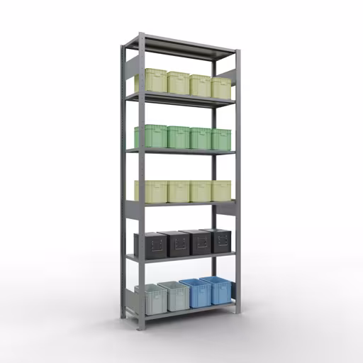 Grundregal, Fachbodenregal Stecksystem MULTIplus85, 2500 x 1000 x 400 mm (HxBxT), 6 Fachböden, Längenriegel, verzinkt von Schulte Lagertechnik mit der Artikelnr. 13141-LR