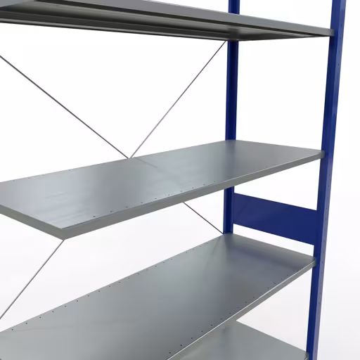 Zusatzbild des Artikels Anbauregal, Fachbodenregal Stecksystem MULTIplus150, 3000 x 1300 x 500 mm (HxBxT), 7 Fachböden, Kreuzstrebe, RAL 5010 enzianblau/verzinkt aus Anbauregal