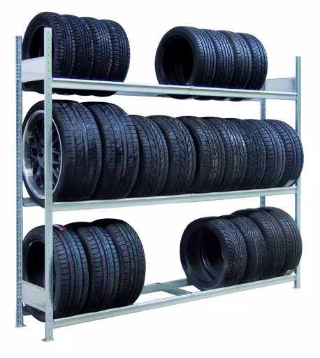 Grundregal, Großfach-Räder-/Reifenregal, 2000 x 2000 x 400 mm (HxBxT), verzinkt, 3 Lagerebenen á 400 kg Fachlast pro Ebene aus der Kategorie Autoteilelagerung mit der Artikelnummer 20950