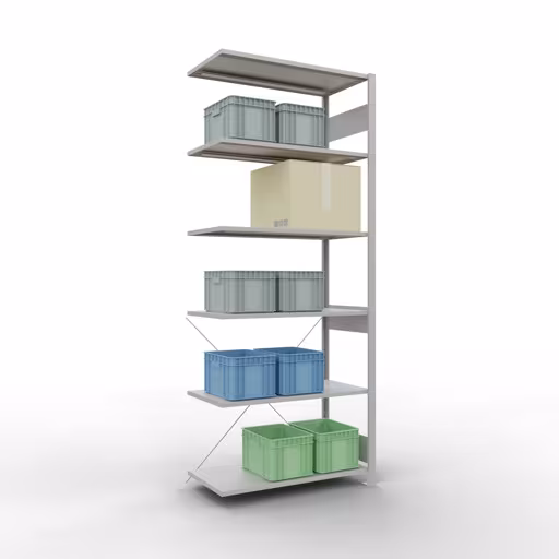 Abbildung Nr 14 des Artikels Anbauregal, Fachbodenregal Stecksystem MULTIplus150, 2500 x 1000 x 500 mm (HxBxT), 6 Fachböden, Kreuzstrebe, RAL 7035 lichtgrau aus der Produktgruppe Stecksystem von der Marke Schulte Lagertechnik