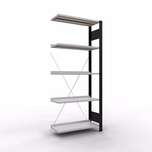 Anbauregal, Büro-Fachbodenregal Stecksystem MULTIplus85, 1800 x 750 x 300 mm (HxBxT), 5 Fachböden, Kreuzstrebe, mit Anschlagleiste, schwarz/lichtgrau von der Marke Schulte Lagertechnik Anbauregal, Büro-Fachbodenregal Stecksystem MULTIplus85, 1800 x 750 x 300 mm (HxBxT), 5 Fachböden, Kreuzstrebe, mit Anschlagleiste, schwarz/lichtgrau aus der Kategorie Stecksystem mit der Artikelnummer 36003-S