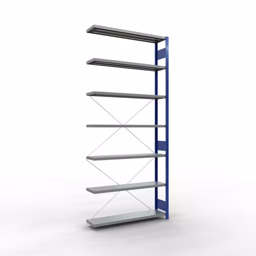 Anbauregal, Fachbodenregal Stecksystem MULTIplus250, 3000 x 1300 x 300 mm (HxBxT), 7 Fachböden, Kreuzstrebe, RAL 5010 enzianblau/verzinkt aus der Kategorie Anbauregal mit der Artikelnummer 12937-130-B