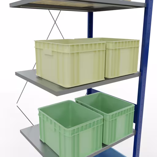 Zusatzbild des Artikels Anbauregal, Fachbodenregal Stecksystem MULTIplus150, 3000 x 750 x 600 mm (HxBxT), 7 Fachböden, Kreuzstrebe, RAL 5010 enzianblau/verzinkt/verzinkt aus Anbauregal