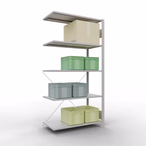 Weitere Ansicht des Artikels Anbauregal, Fachbodenregal Stecksystem MULTIplus150, 2000 x 1000 x 500 mm (HxBxT), 5 Fachböden, Kreuzstrebe, RAL 7035 lichtgrau aus der Kategorie Stecksystem