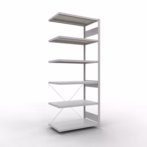 Anbauregal, Fachbodenregal Stecksystem MULTIplus330, 2500 x 1000 x 600 mm (HxBxT), 6 Fachböden, Kreuzstrebe, RAL 7035 lichtgrau aus der Kategorie Anbauregal mit der Artikelnummer 33866