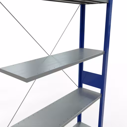 Anbauregal, Fachbodenregal Stecksystem MULTIplus85, 3000 x 1000 x 300 mm (HxBxT), 7 Fachböden, Kreuzstrebe, RAL 5010 enzianblau von der Marke Schulte Lagertechnik aus der Produktreihe Stecksystem