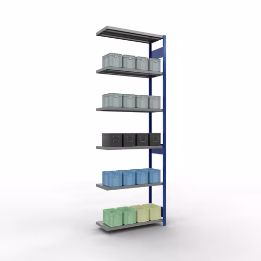 Abbildung Nr 10 des Artikels Anbauregal, Fachbodenregal Stecksystem MULTIplus250, 3000 x 1000 x 400 mm (HxBxT), 7 Fachböden, Längenriegel, RAL 5010 enzianblau/verzinkt aus der Produktgruppe Stecksystem von der Marke Schulte Lagertechnik