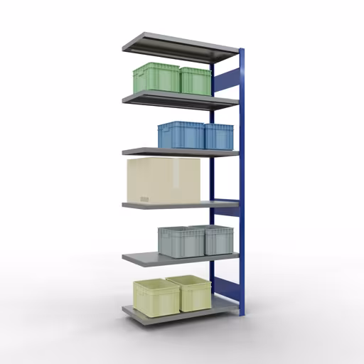 Anbauregal, Fachbodenregal Stecksystem MULTIplus330, 2500 x 1000 x 500 mm (HxBxT), 6 Fachböden, Längenriegel, RAL 5010 enzianblau/verzinkt von der Marke Schulte Lagertechnik aus der Produktreihe Stecksystem