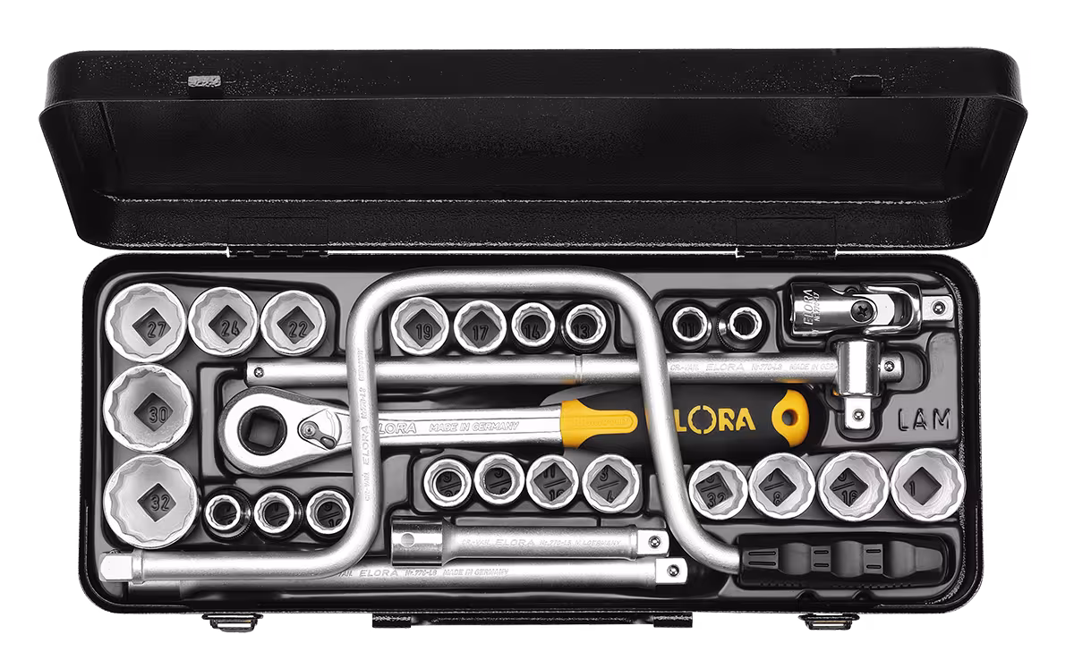Steckschlüssel-Satz 1/2", Sechskant, 28-teilig mm+AF 771-LAMU von ELORA Steckschlüssel-Satz 1/2", 28-teilig mm+AF, ELORA-770/771-LAMU aus der Kategorie Steckschlüssel-Sortiment 1/2" mit der Artikelnr. 0771520402000