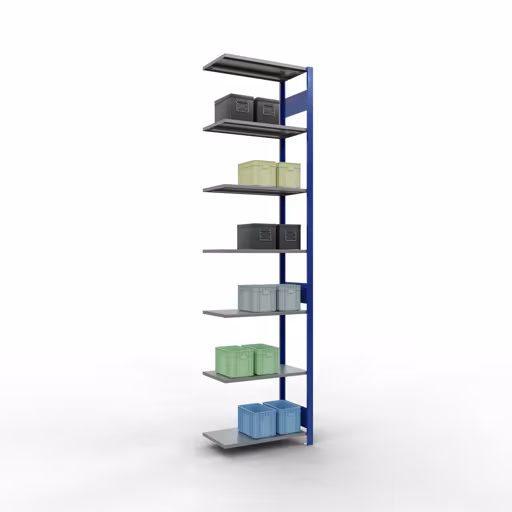 Anbauregal, Fachbodenregal Stecksystem MULTIplus150, 3000 x 750 x 400 mm (HxBxT), 7 Fachböden, Längenriegel, RAL 5010 enzianblau/verzinkt/verzinkt von Schulte Lagertechnik aus der Kategorie Stecksystem