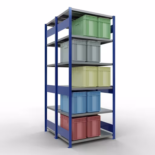 Andere Ansicht des Artikels Grundregal, Doppelregal, Fachbodenregal Stecksystem MULTIplus250, 2500 x 1000 x (2x600) mm (HxBxT), 2x6 Fachböden, Längenriegel, RAL 5010 enzianblau aus der Kategorie Fachbodenregale