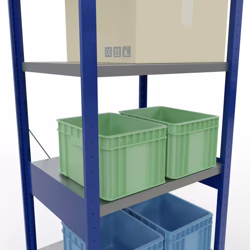 Zusatzbild des Artikels Grundregal, Fachbodenregal Stecksystem MULTIplus250, 2500 x 750 x 600 mm (HxBxT), 6 Fachböden, Kreuzstrebe, RAL 5010 enzianblau/verzinkt/verzinkt aus Grundregal