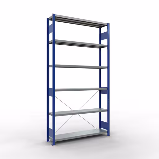 Grundregal, Fachbodenregal Stecksystem MULTIplus250, 2500 x 1300 x 300 mm (HxBxT), 6 Fachböden, Kreuzstrebe, RAL 5010 enzianblau/verzinkt aus der Kategorie Grundregal mit der Artikelnummer 12931-130-B