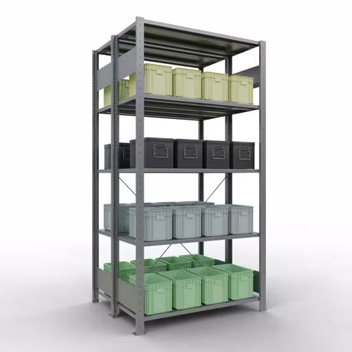 Produktbild Nr 13 des Artikels Grundregal, Doppelregal, Fachbodenregal Stecksystem MULTIplus150, 2000 x 1000 x (2x400) mm (HxBxT), 2x5 Fachböden, Kreuzstrebe, verzinkt Abbildung Nr 13 des Artikels Grundregal, Doppelregal, Fachbodenregal Stecksystem MULTIplus150, 2000 x 1000 x (2x400) mm (HxBxT), 2x5 Fachböden, Kreuzstrebe, verzinkt aus der Produktgruppe Fachbodenregale von der Marke Schulte Lagertechnik