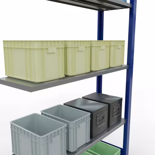 Abbildung Nr 14 des Artikels Anbauregal, Fachbodenregal Stecksystem MULTIplus85, 2000 x 1000 x 300 mm (HxBxT), 5 Fachböden, Längenriegel, RAL 5010 enzianblau aus der Produktgruppe Stecksystem von der Marke Schulte Lagertechnik