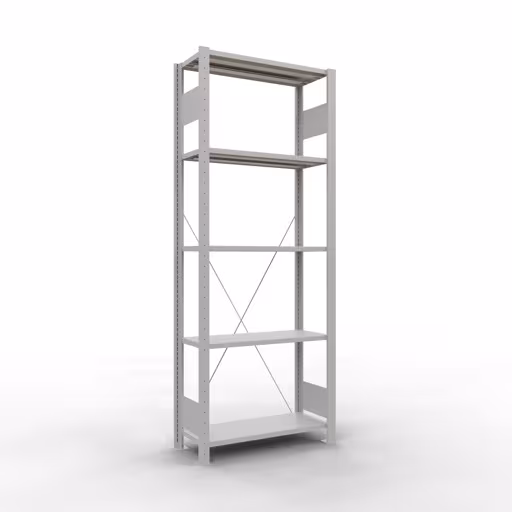 Grundregal, Fachbodenregal Stecksystem MULTIplus150, 2000 x 750 x 300 mm (HxBxT), 5 Fachböden, Kreuzstrebe, RAL 7035 lichtgrau aus der Kategorie Grundregal mit der Artikelnummer 32630-75
