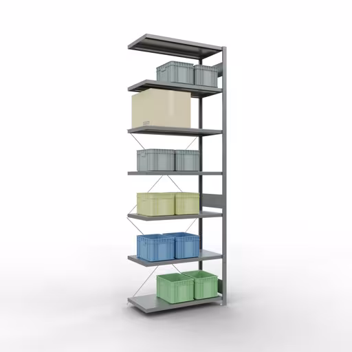 Abbildung Nr 14 des Artikels Anbauregal, Fachbodenregal Stecksystem MULTIplus330, 3000 x 1000 x 500 mm (HxBxT), 7 Fachböden, Kreuzstrebe, verzinkt aus der Produktgruppe Stecksystem von der Marke Schulte Lagertechnik