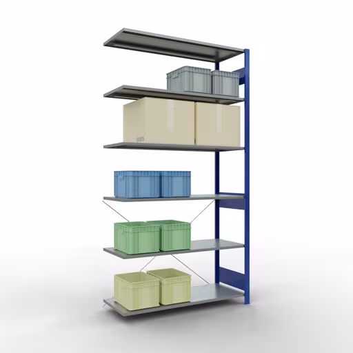 Andere Ansicht des Artikels Anbauregal, Fachbodenregal Stecksystem MULTIplus150, 2500 x 1300 x 500 mm (HxBxT), 6 Fachböden, Kreuzstrebe, RAL 5010 enzianblau/verzinkt aus der Kategorie Stecksystem