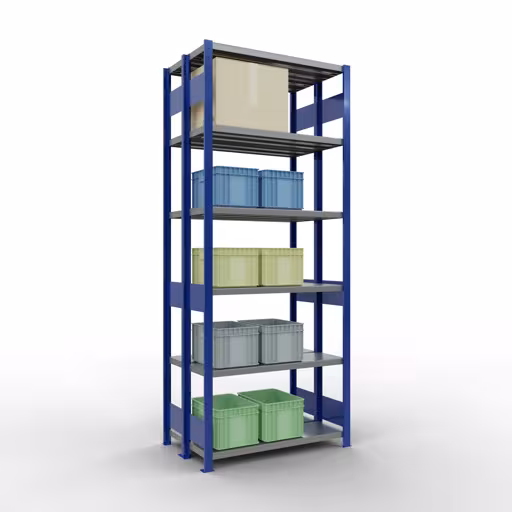 Grundregal, Doppelregal, Fachbodenregal Stecksystem MULTIplus250, 2500 x 1000 x (2x300) mm (HxBxT), 2x6 Fachböden, Längenriegel, RAL 5010 enzianblau von der Marke Schulte Lagertechnik aus der Produktreihe Fachbodenregale