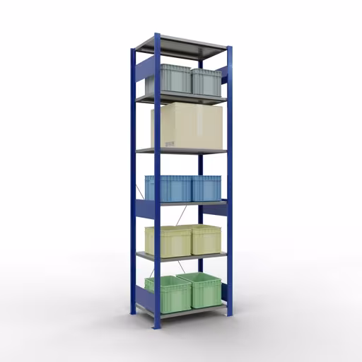 Grundregal, Fachbodenregal Stecksystem MULTIplus150, 2500 x 750 x 500 mm (HxBxT), 6 Fachböden, Kreuzstrebe, RAL 5010 enzianblau/verzinkt/verzinkt von Schulte Lagertechnik aus der Kategorie Stecksystem