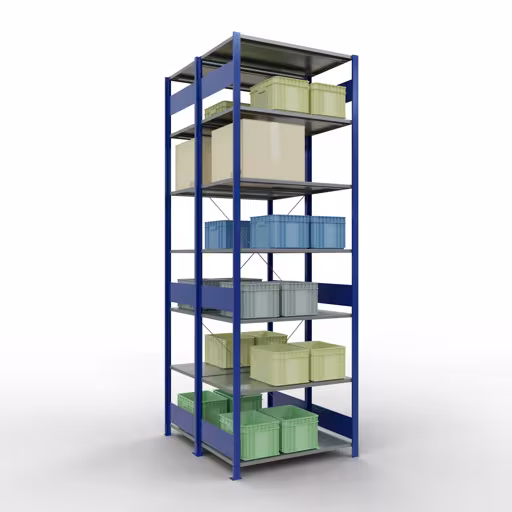 Zusatzbild des Artikels Grundregal, Doppelregal, Fachbodenregal Stecksystem MULTIplus150, 3000 x 1000 x (2x1200) mm (HxBxT), 2x7 Fachböden, Kreuzstrebe, RAL 5010 enzianblau aus Doppelregale
