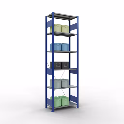 Grundregal, Fachbodenregal Stecksystem MULTIplus150, 2500 x 750 x 400 mm (HxBxT), 6 Fachböden, Kreuzstrebe, RAL 5010 enzianblau/verzinkt/verzinkt mit der Artikelnr. 12741-75-B Grundregal, Fachbodenregal Stecksystem MULTIplus150, 2500 x 750 x 400 mm (HxBxT), 6 Fachböden, Kreuzstrebe, RAL 5010 enzianblau/verzinkt/verzinkt von Schulte Lagertechnik aus der Kategorie Stecksystem