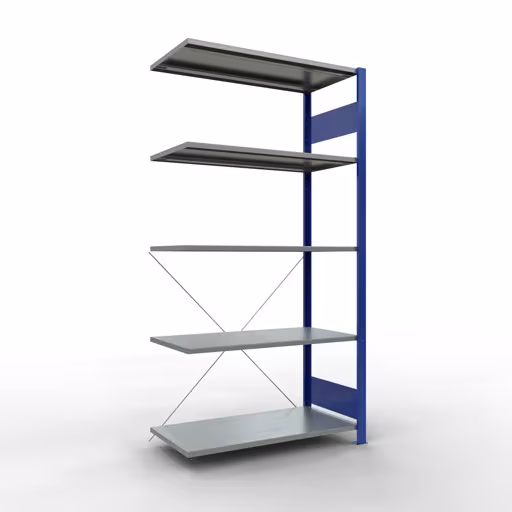 Anbauregal, Fachbodenregal Stecksystem MULTIplus85, 2000 x 1000 x 500 mm (HxBxT), 5 Fachböden, Kreuzstrebe, RAL 5010 enzianblau aus der Kategorie Anbauregal mit der Artikelnummer 13155-B