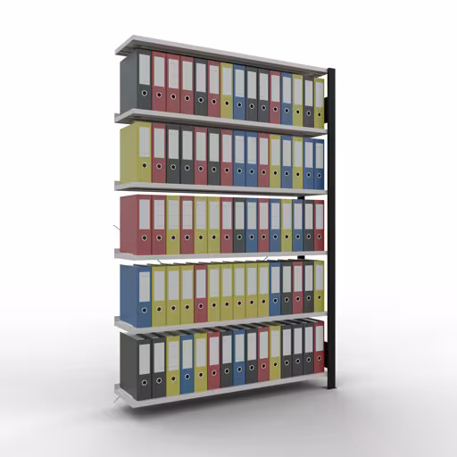 Abbildung Nr 8 des Artikels Anbauregal, Büro-Fachbodenregal Stecksystem MULTIplus85, 2000 x 1300 x 300 mm (HxBxT), 6 Fachböden, Kreuzstrebe, mit Anschlagleiste, schwarz/lichtgrau aus der Produktgruppe Büroregale von der Marke Schulte Lagertechnik
