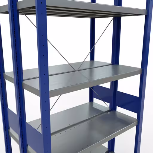 Abbildung Nr 13 des Artikels Grundregal, Doppelregal, Fachbodenregal Stecksystem MULTIplus250, 3000 x 1000 x (2x300) mm (HxBxT), 2x7 Fachböden, Kreuzstrebe, enzianblau aus der Produktgruppe Fachbodenregale von der Marke Schulte Lagertechnik