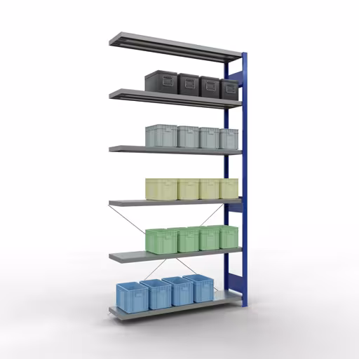 Abbildung Nr 15 des Artikels Anbauregal, Fachbodenregal Stecksystem MULTIplus250, 2500 x 1300 x 300 mm (HxBxT), 6 Fachböden, Kreuzstrebe, RAL 5010 enzianblau/verzinkt aus der Produktgruppe Stecksystem von der Marke Schulte Lagertechnik
