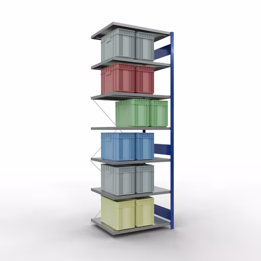 Andere Ansicht des Artikels Anbauregal, Fachbodenregal Stecksystem MULTIplus250, 3000 x 1000 x 800 mm (HxBxT), 7 Fachböden, Kreuzstrebe, RAL 5010 enzianblau/verzinkt aus der Kategorie Stecksystem